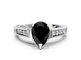 White gold Fancy Black Pear Cut Diamond Engagement Ring with Milgrain Channel Set Band and Prong Setting