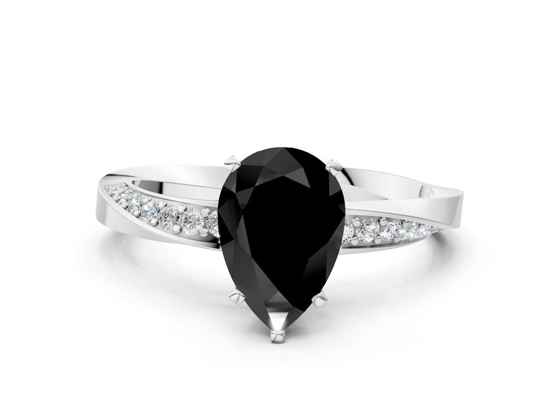 White gold Fancy Black Pear Cut Diamond Engagement Ring with Side Stone Accents and Four-Prong Setting_24