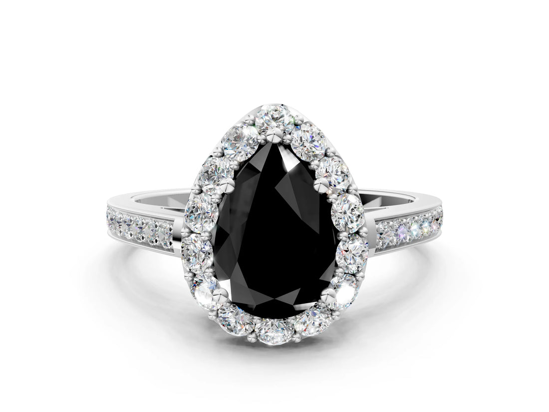 White gold Fancy Black Pear Cut Diamond Floral Halo Ring with Pavé Band and Prong Setting_7