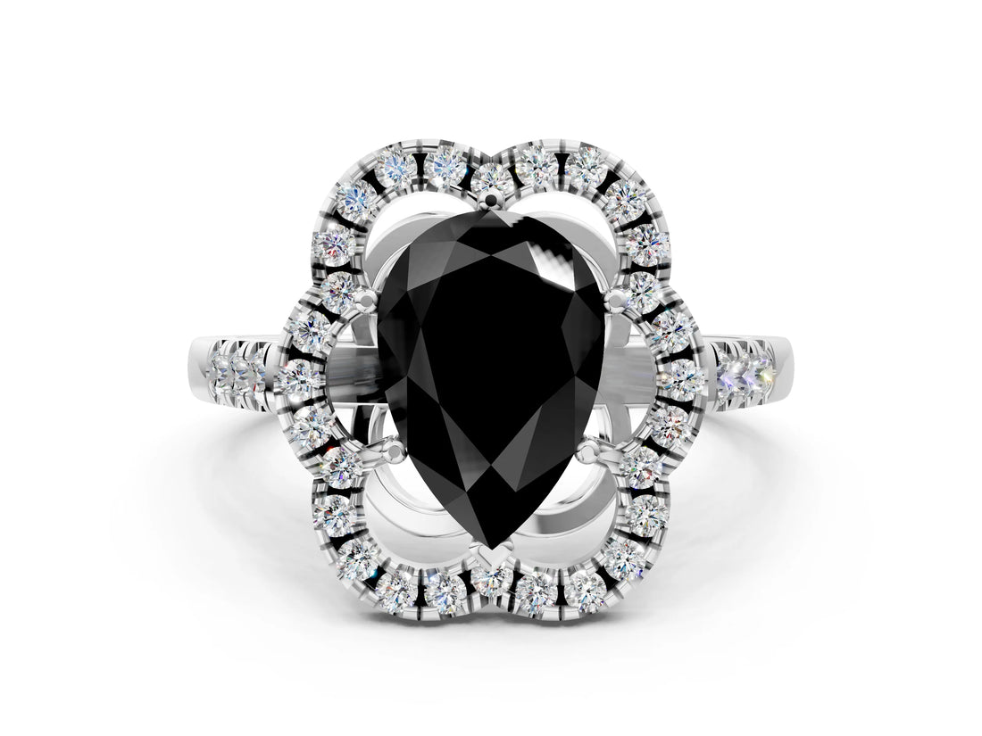 White gold Fancy Black Pear Cut Diamond Floral Halo Split Shank Prong Setting Ring