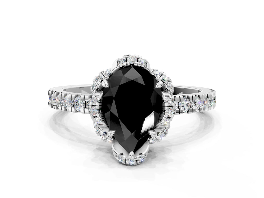 White gold Fancy Black Pear Cut Diamond Halo Pave Band with Four-Prong Setting_3