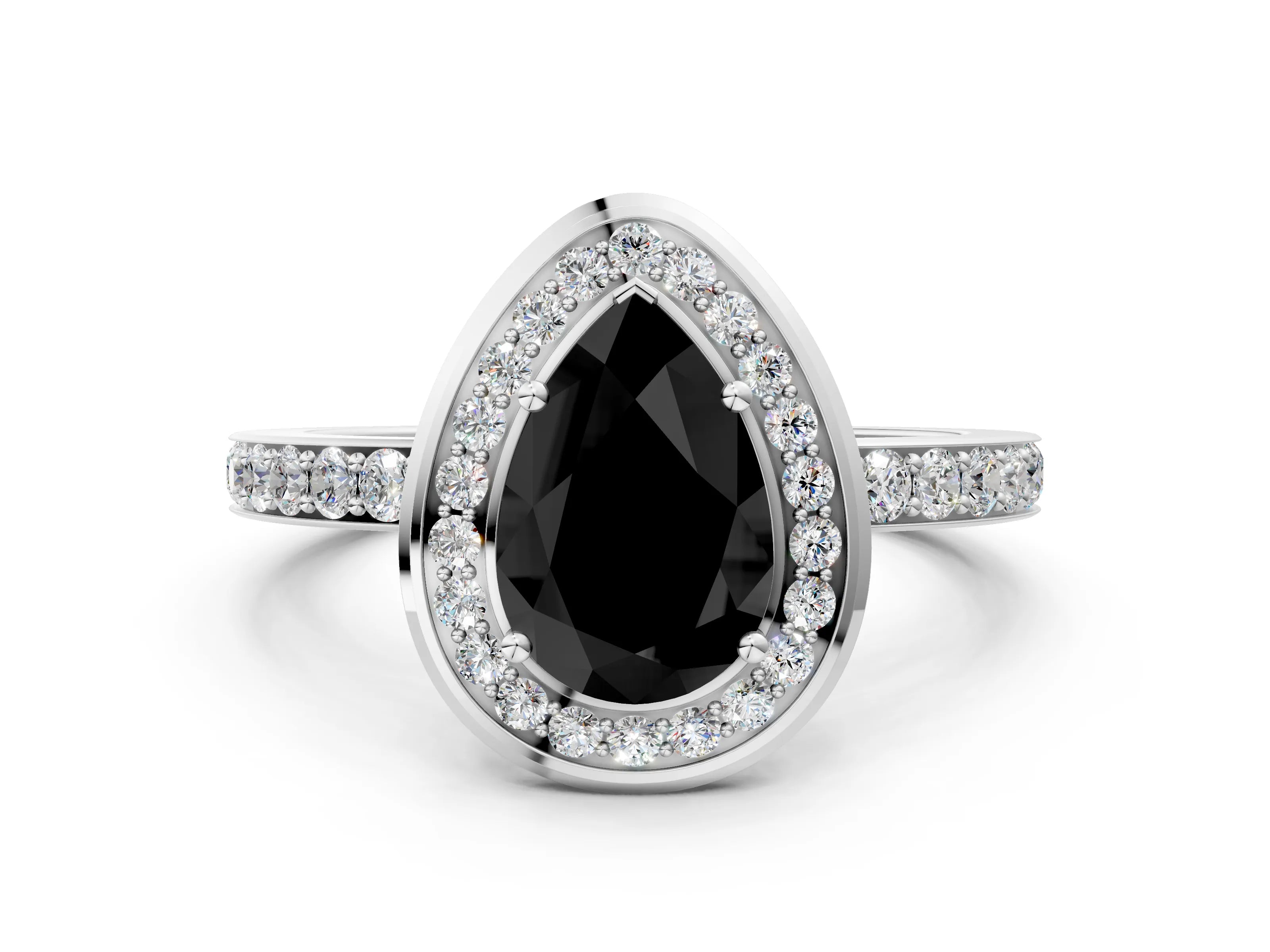 White gold Fancy Black Pear Cut Diamond Halo Ring with Bezel Frame and Pavé Band