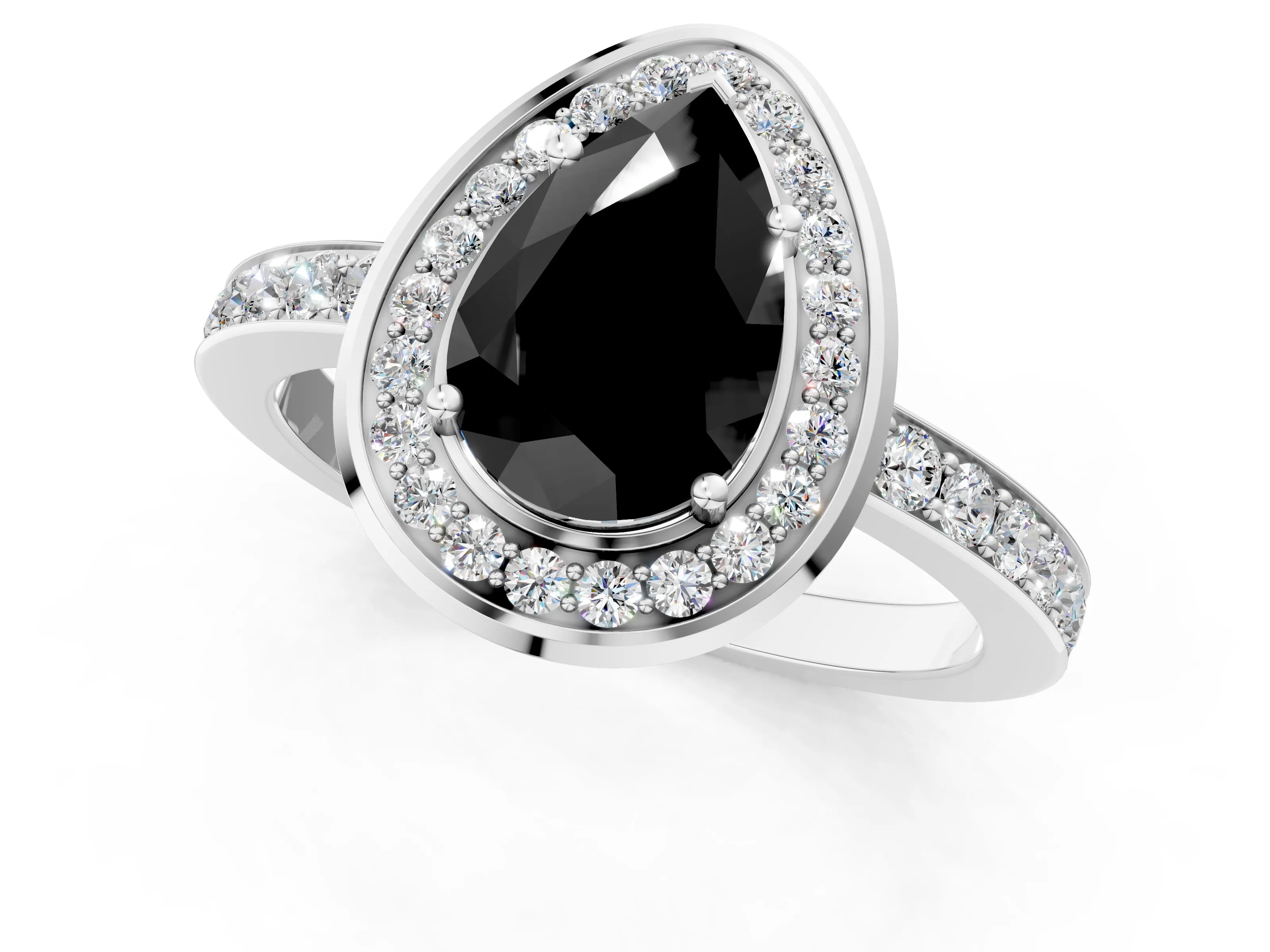 White gold Fancy Black Pear Cut Diamond Halo Ring with Bezel Frame and Pavé Band_1