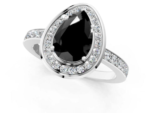 White gold Fancy Black Pear Cut Diamond Halo Ring with Bezel Frame and Pavé Band_1