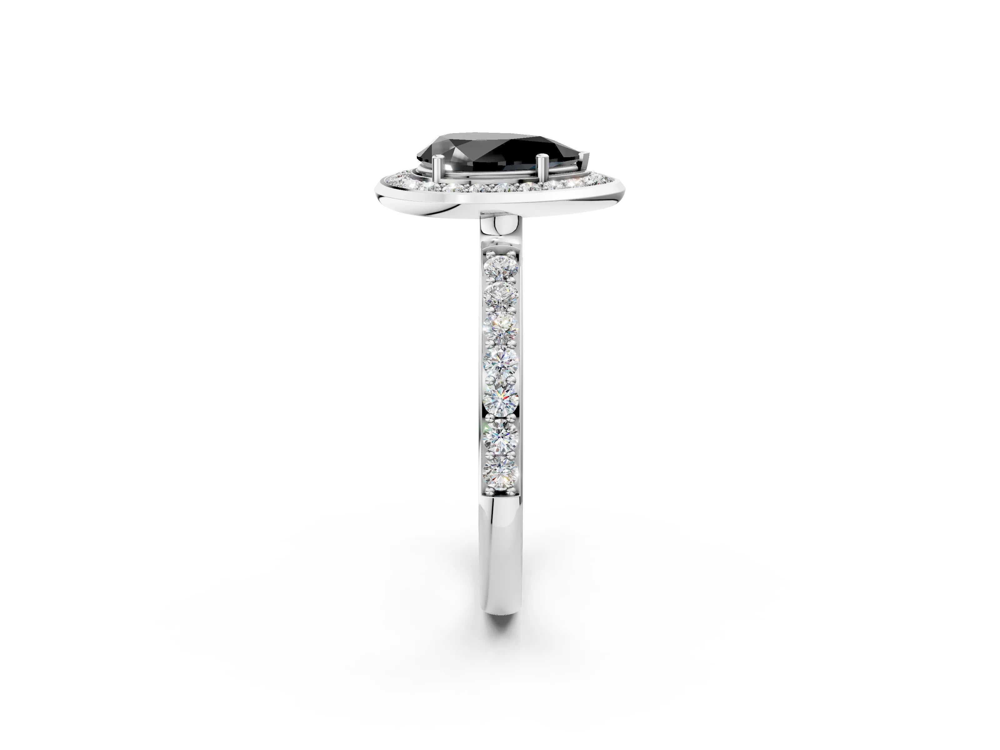 White gold Fancy Black Pear Cut Diamond Halo Ring with Bezel Frame and Pavé Band_2