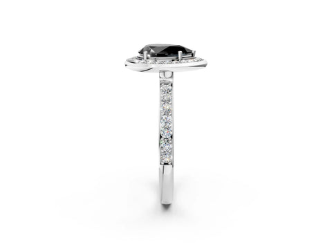 White gold Fancy Black Pear Cut Diamond Halo Ring with Bezel Frame and Pavé Band_2
