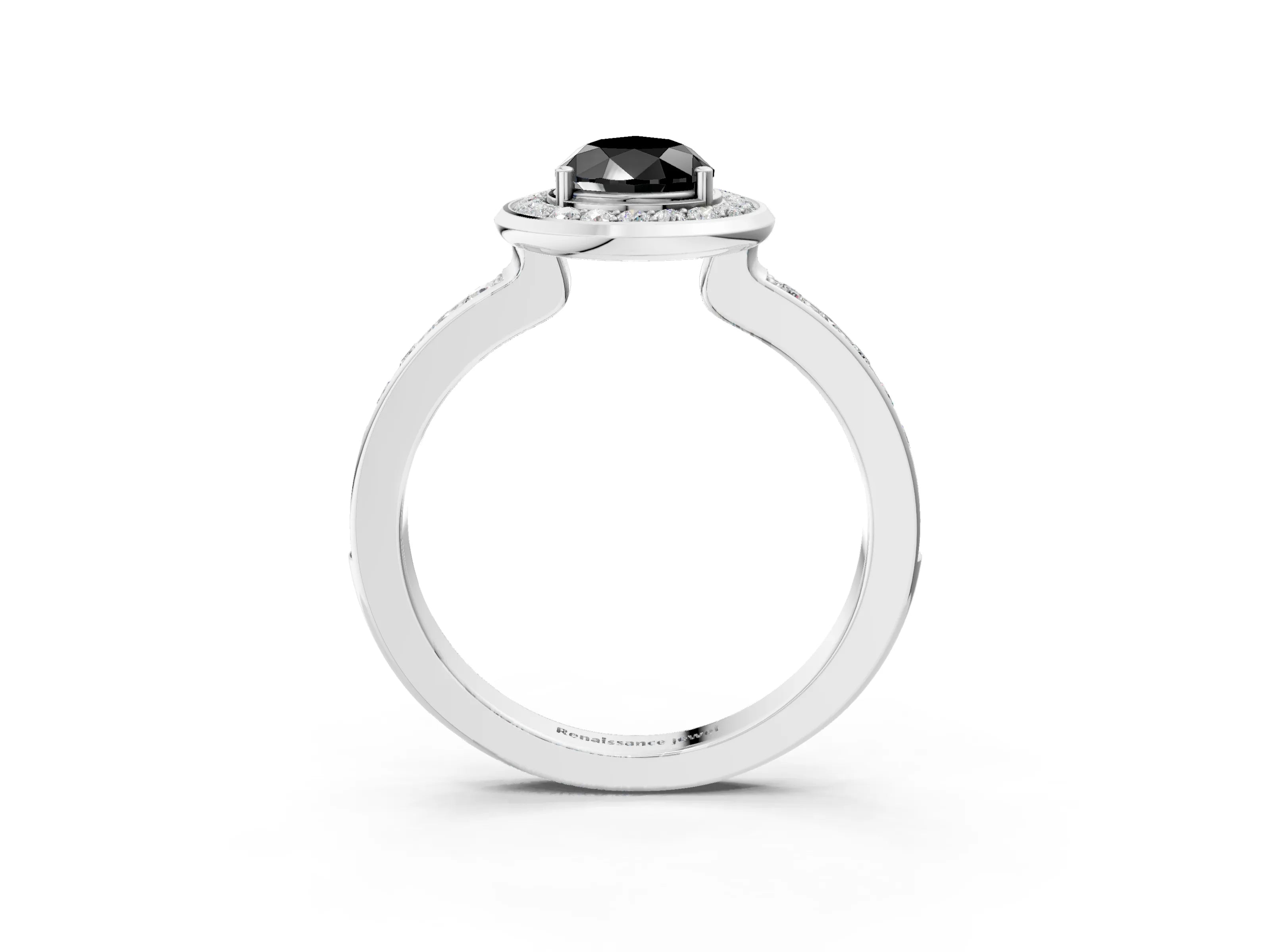 White gold Fancy Black Pear Cut Diamond Halo Ring with Bezel Frame and Pavé Band_3
