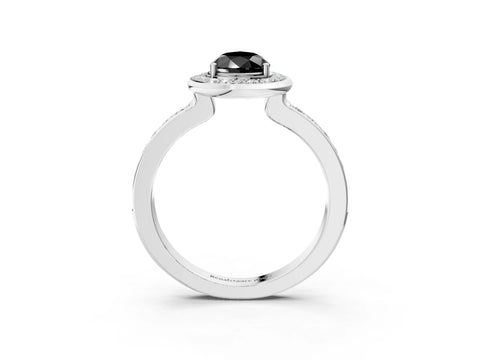 White gold Fancy Black Pear Cut Diamond Halo Ring with Bezel Frame and Pavé Band_3
