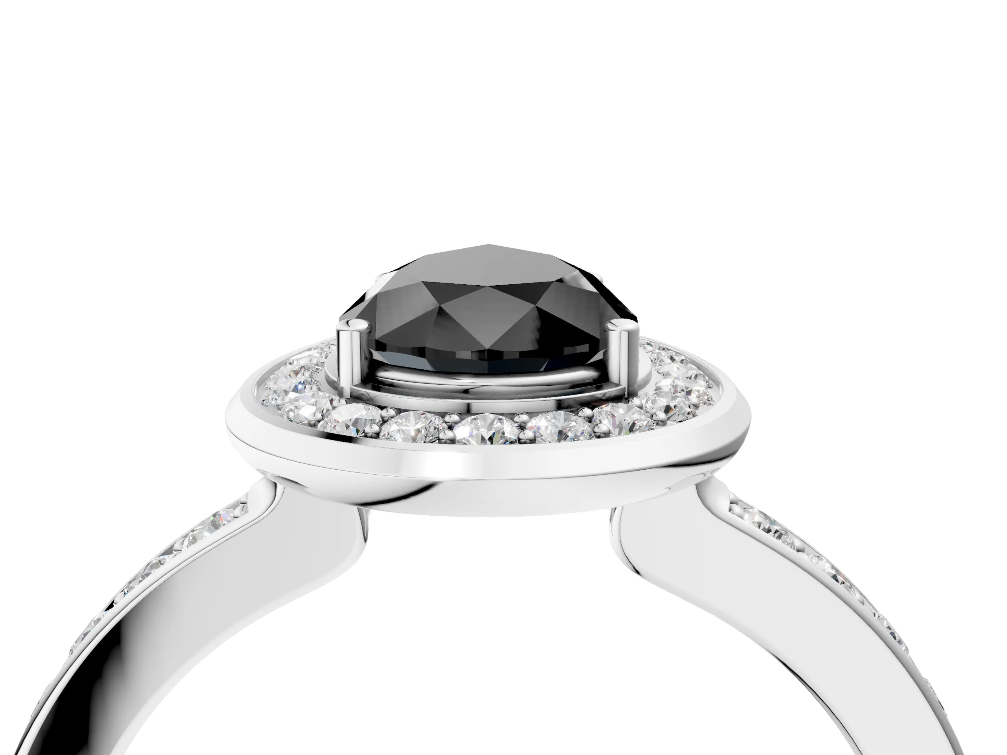 White gold Fancy Black Pear Cut Diamond Halo Ring with Bezel Frame and Pavé Band_4