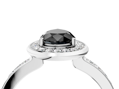 White gold Fancy Black Pear Cut Diamond Halo Ring with Bezel Frame and Pavé Band_4