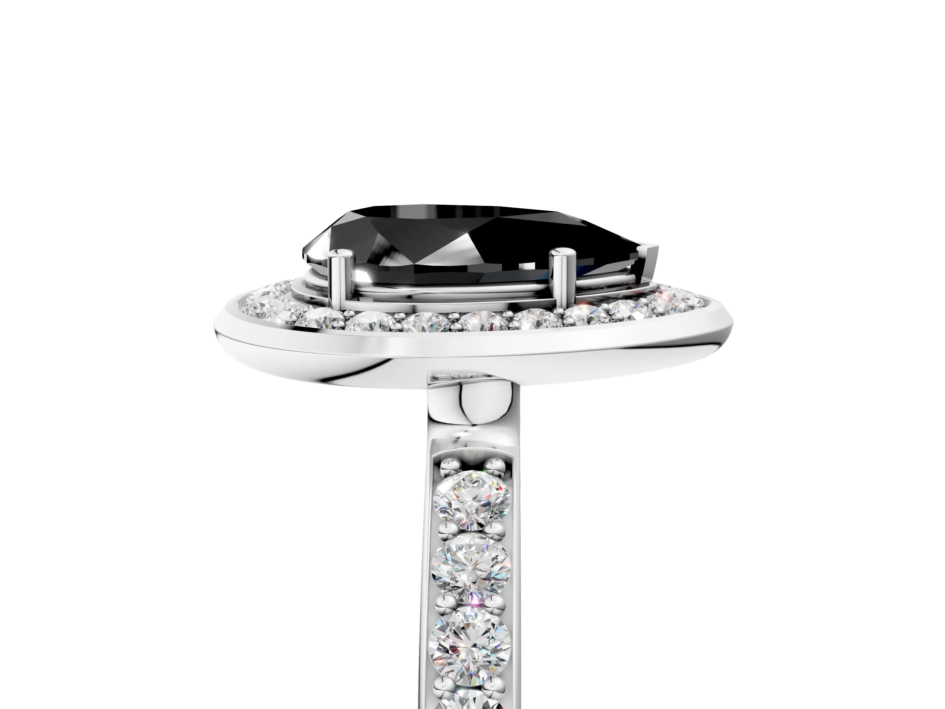 White gold Fancy Black Pear Cut Diamond Halo Ring with Bezel Frame and Pavé Band_5
