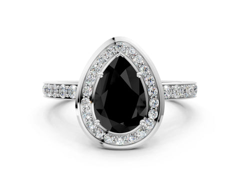 White gold Fancy Black Pear Cut Diamond Halo Ring with Bezel Frame and Pavé Band