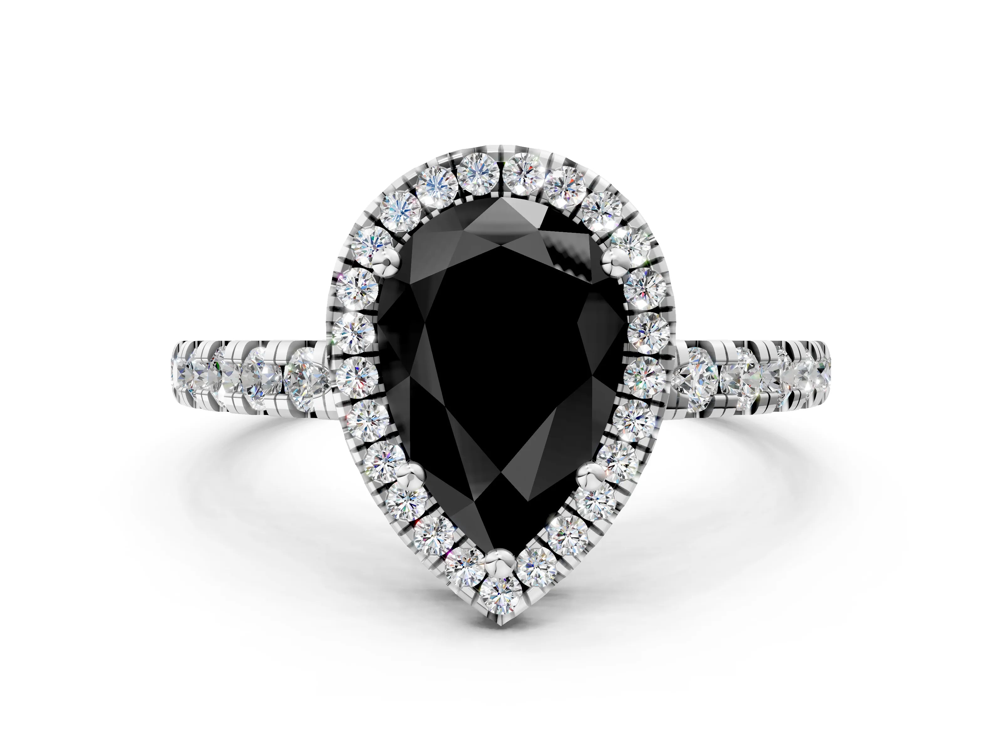 White gold Fancy Black Pear Cut Diamond Halo Ring with Pavé Band and Four-Prong Setting