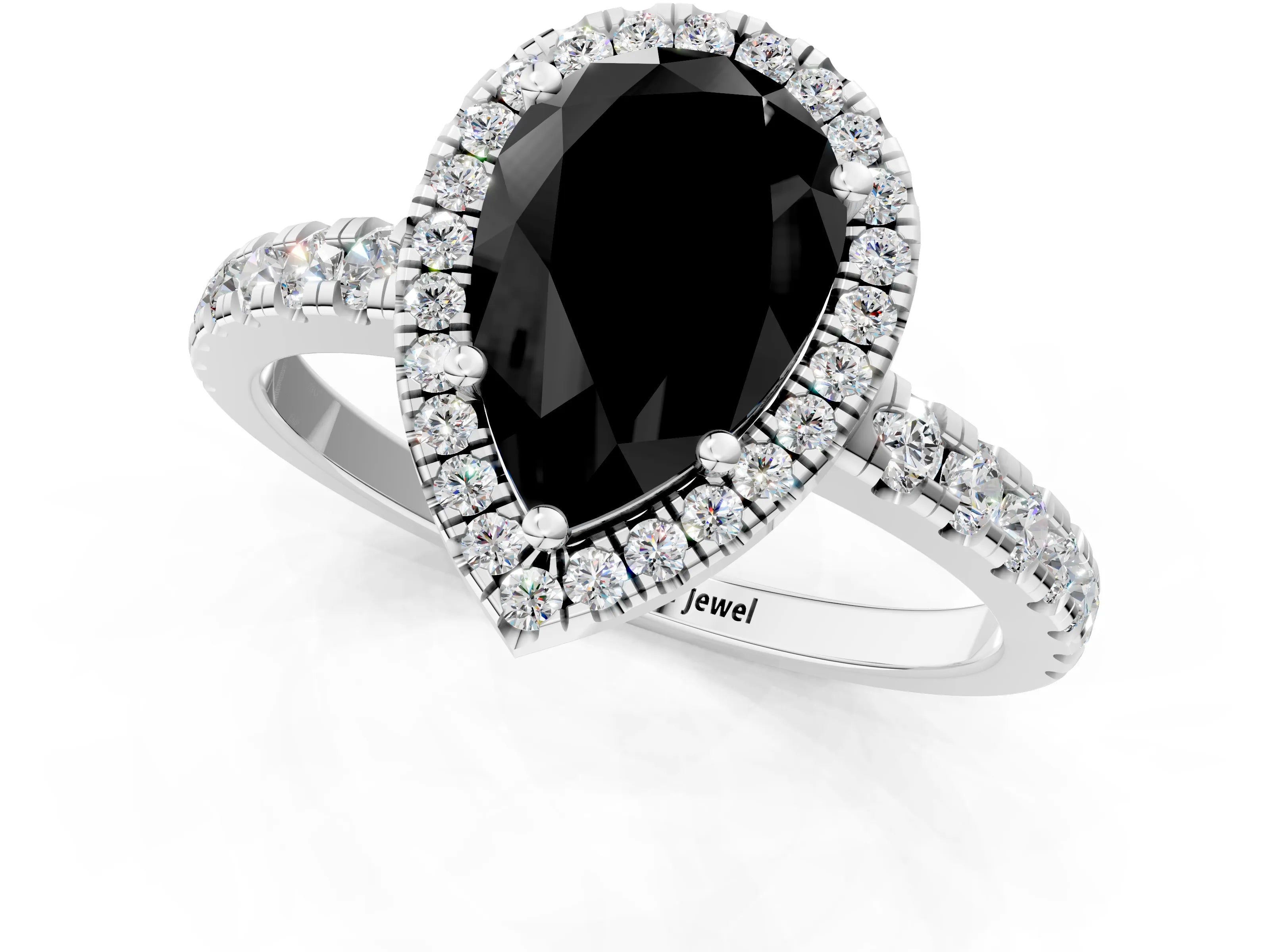 White gold Fancy Black Pear Cut Diamond Halo Ring with Pavé Band and Four-Prong Setting_13