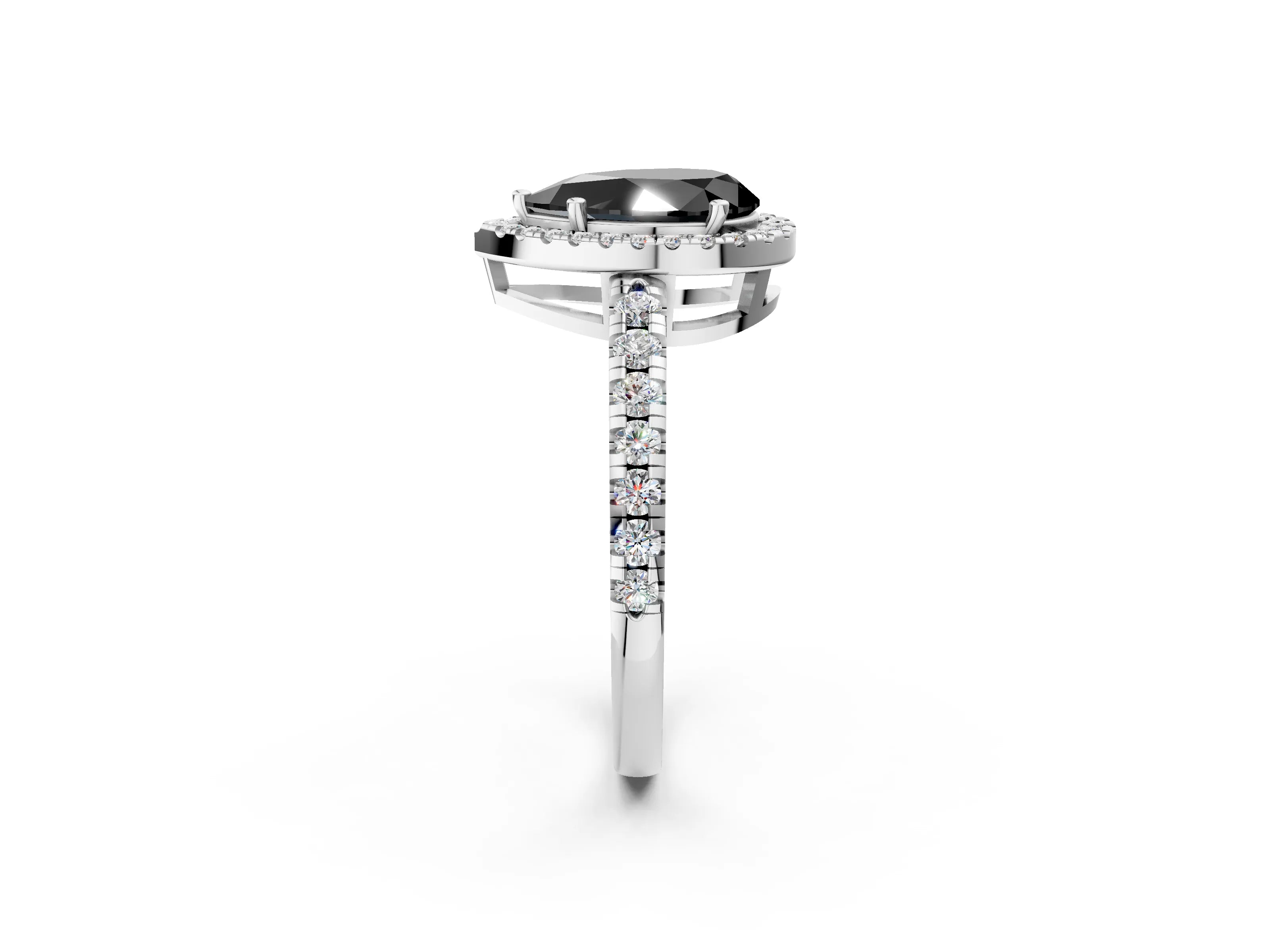 White gold Fancy Black Pear Cut Diamond Halo Ring with Pavé Band and Four-Prong Setting_14