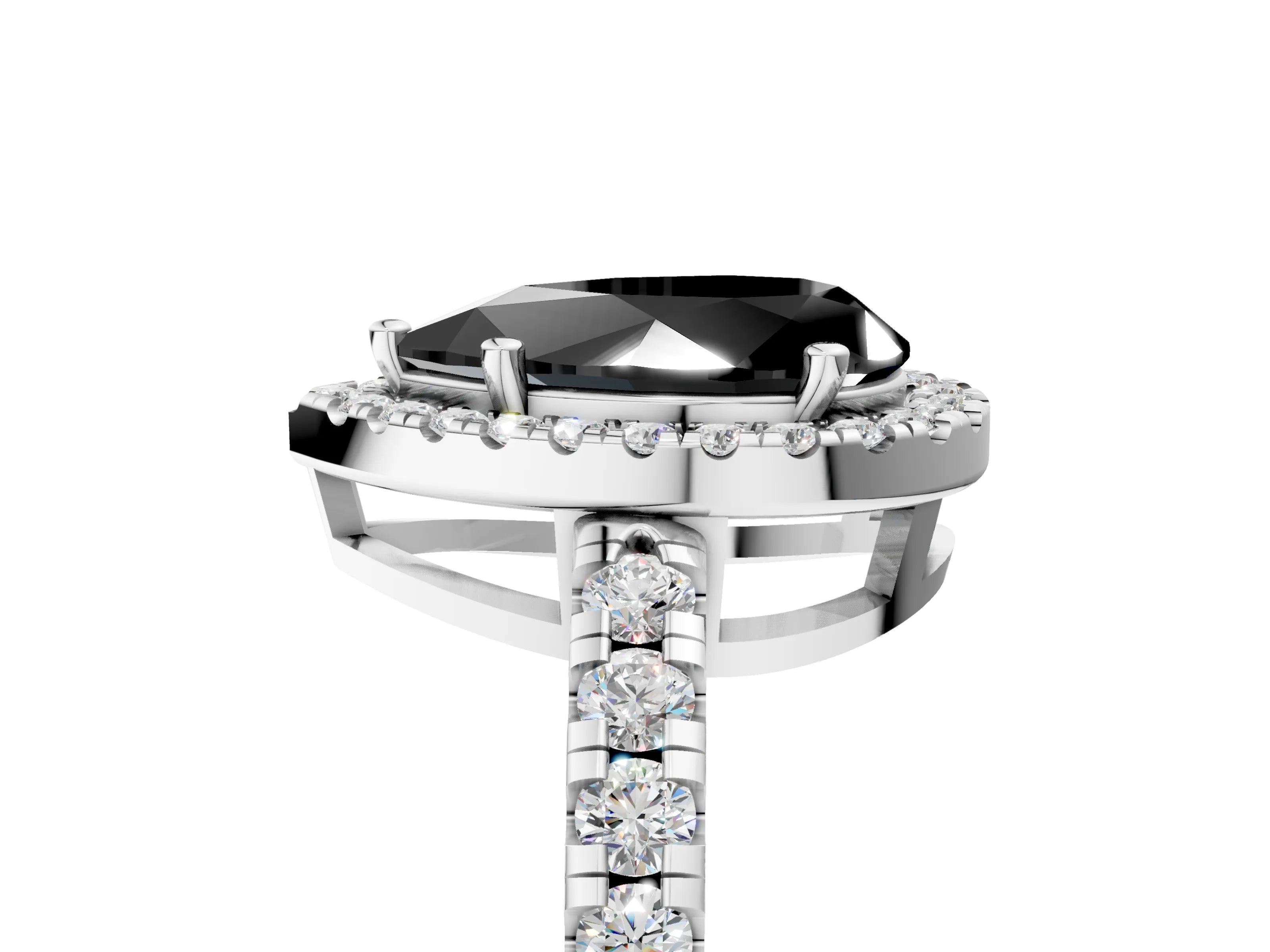 White gold Fancy Black Pear Cut Diamond Halo Ring with Pavé Band and Four-Prong Setting_17