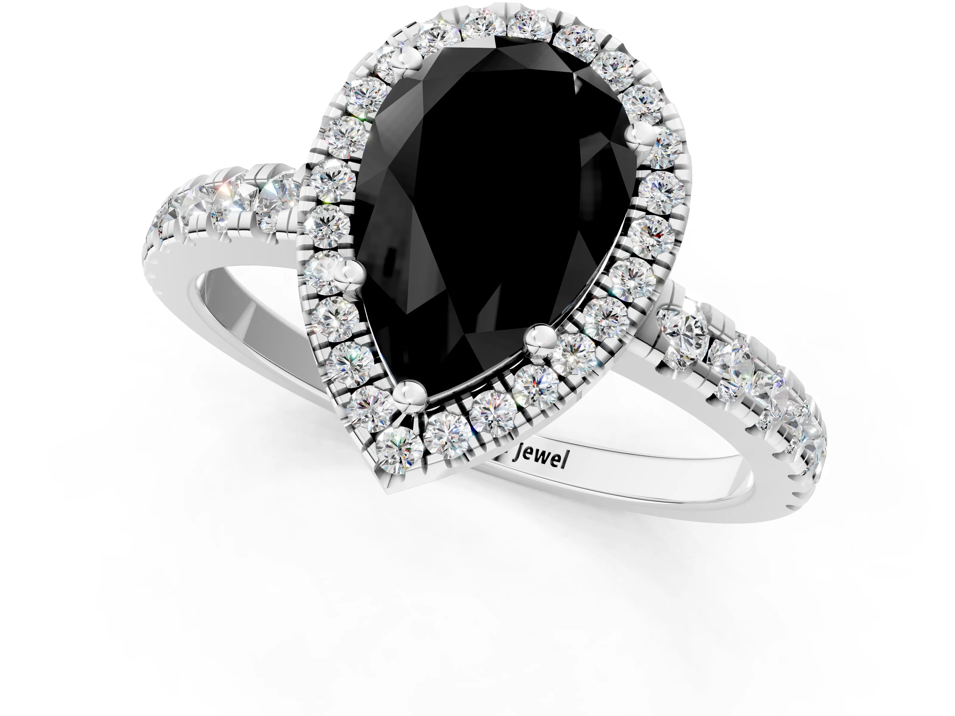 White gold Fancy Black Pear Cut Diamond Halo Ring with Pavé Band and Four-Prong Setting_1
