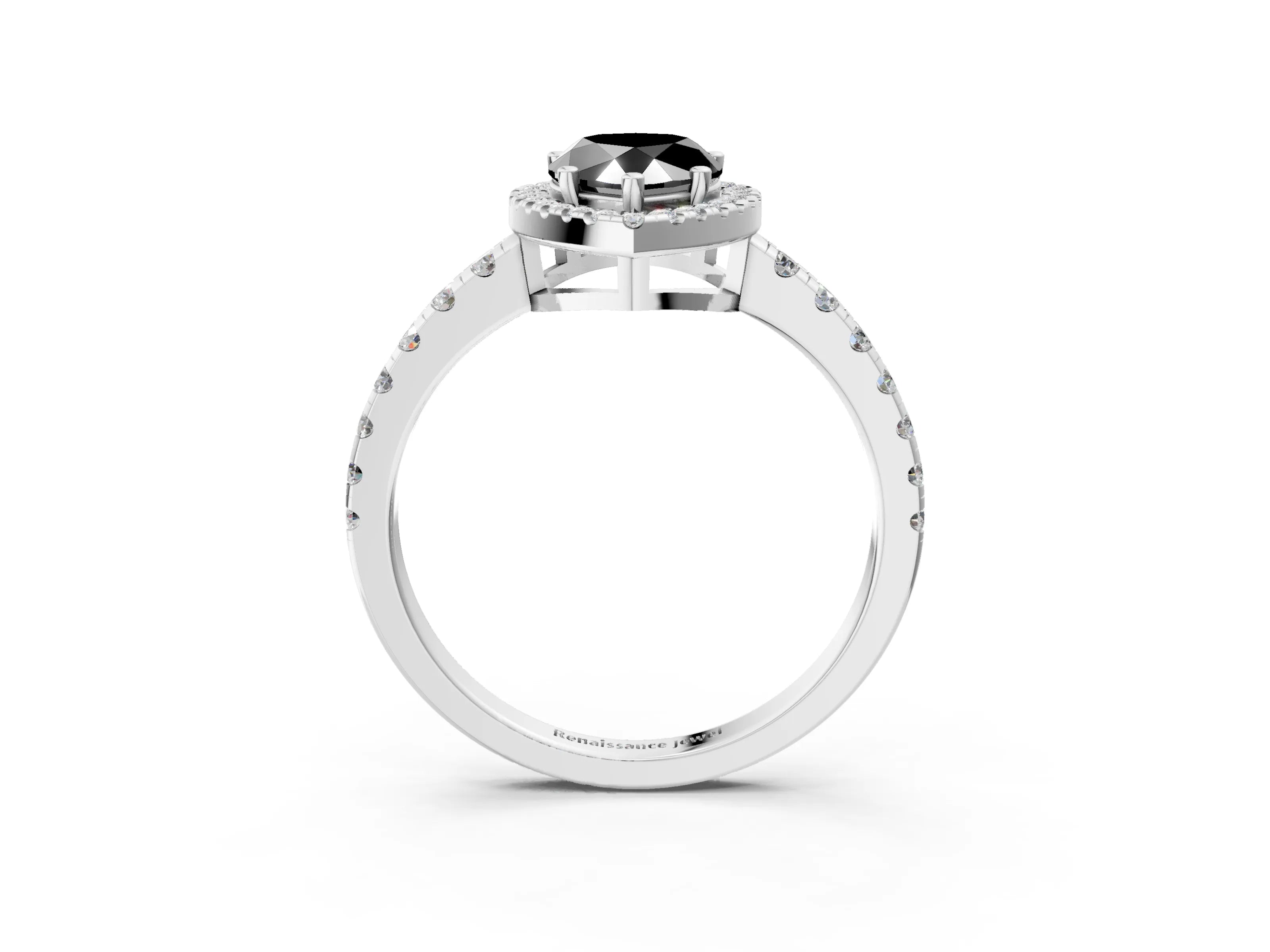 White gold Fancy Black Pear Cut Diamond Halo Ring with Pavé Band and Four-Prong Setting_3