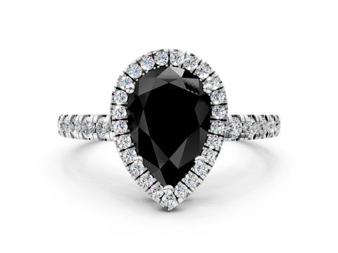 White gold Fancy Black Pear Cut Diamond Halo Ring with Pavé Band and Four-Prong Setting