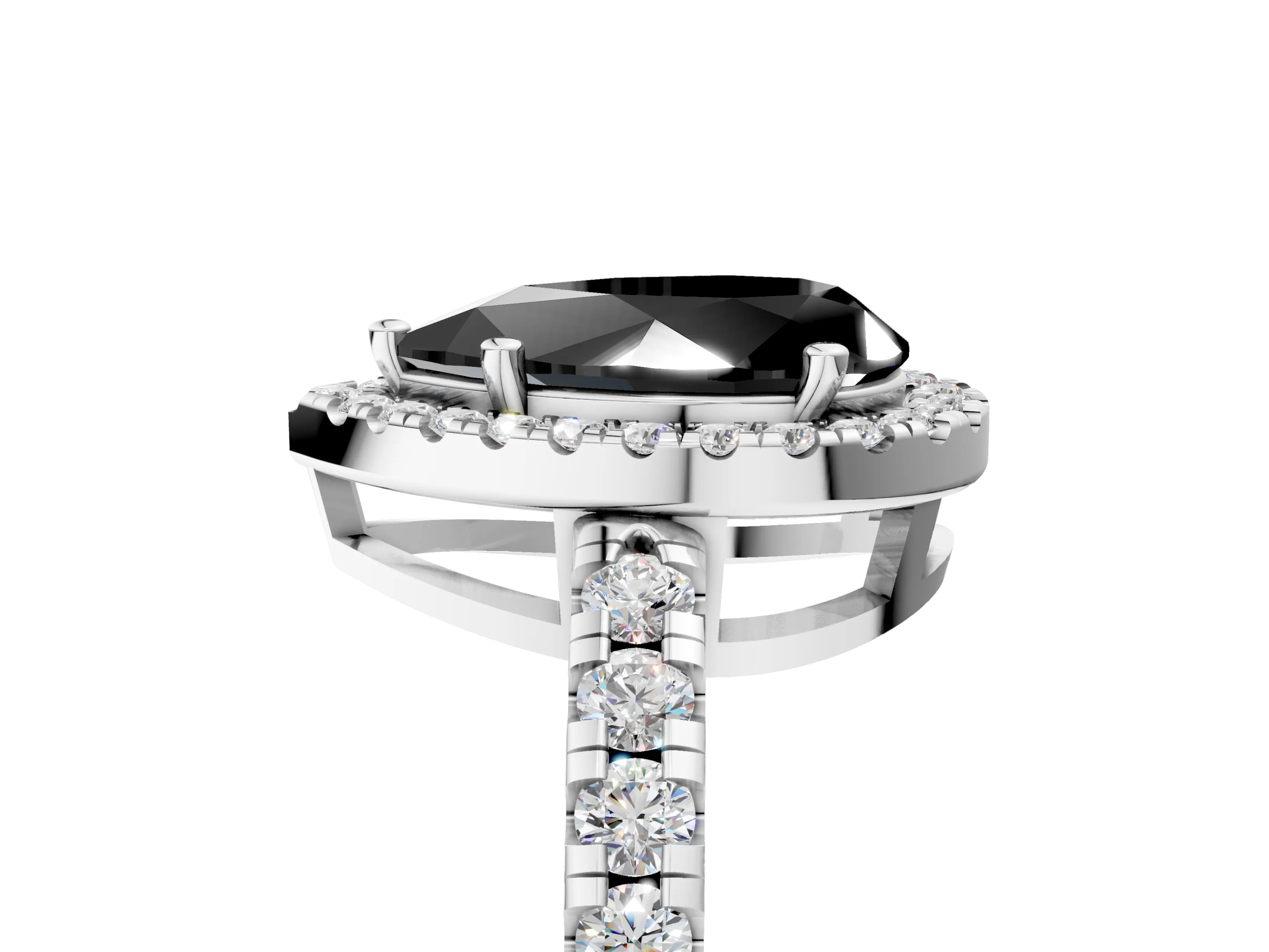 White gold Fancy Black Pear Cut Diamond Halo Ring with Pavé Band and Four-Prong Setting_5