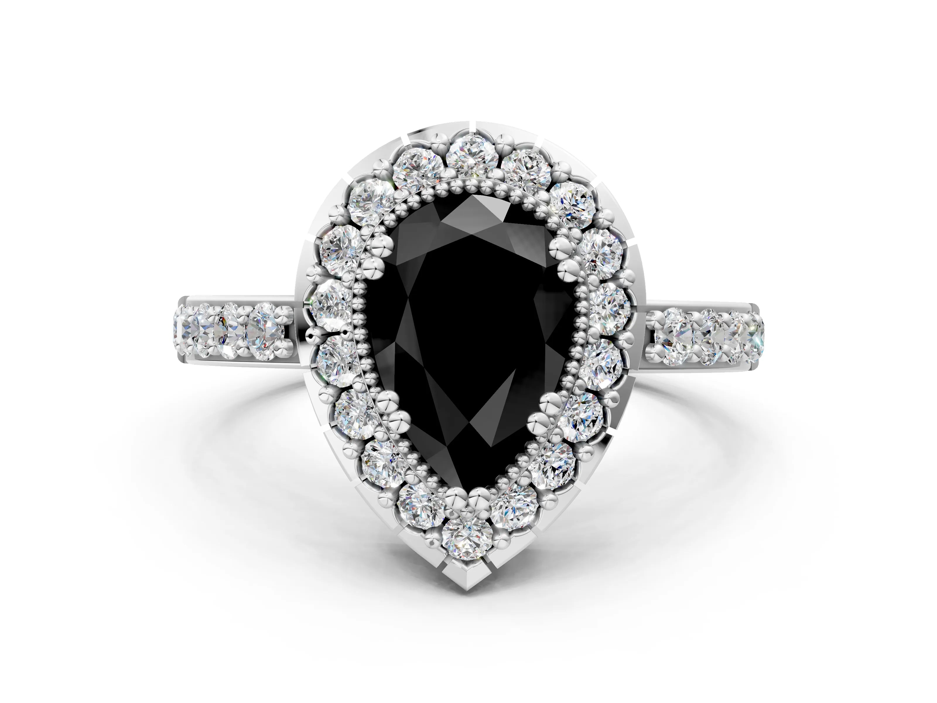 White gold Fancy Black Pear Cut Diamond Halo Ring with Pavé Band and Prong Setting_12