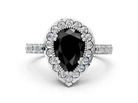 White gold Fancy Black Pear Cut Diamond Halo Ring with Pavé Band and Prong Setting_12