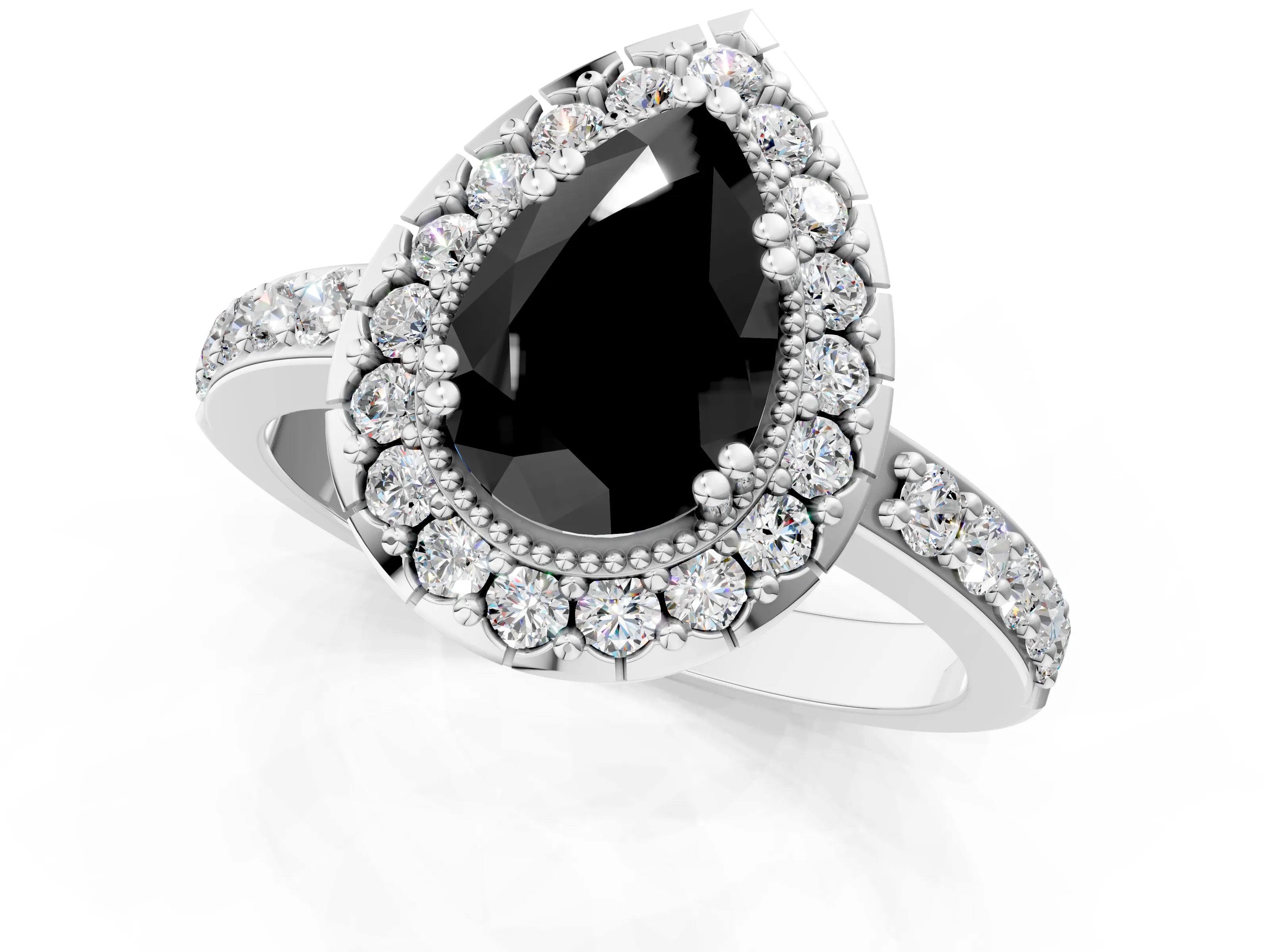 White gold Fancy Black Pear Cut Diamond Halo Ring with Pavé Band and Prong Setting_13