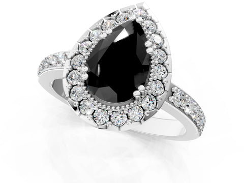 White gold Fancy Black Pear Cut Diamond Halo Ring with Pavé Band and Prong Setting_13