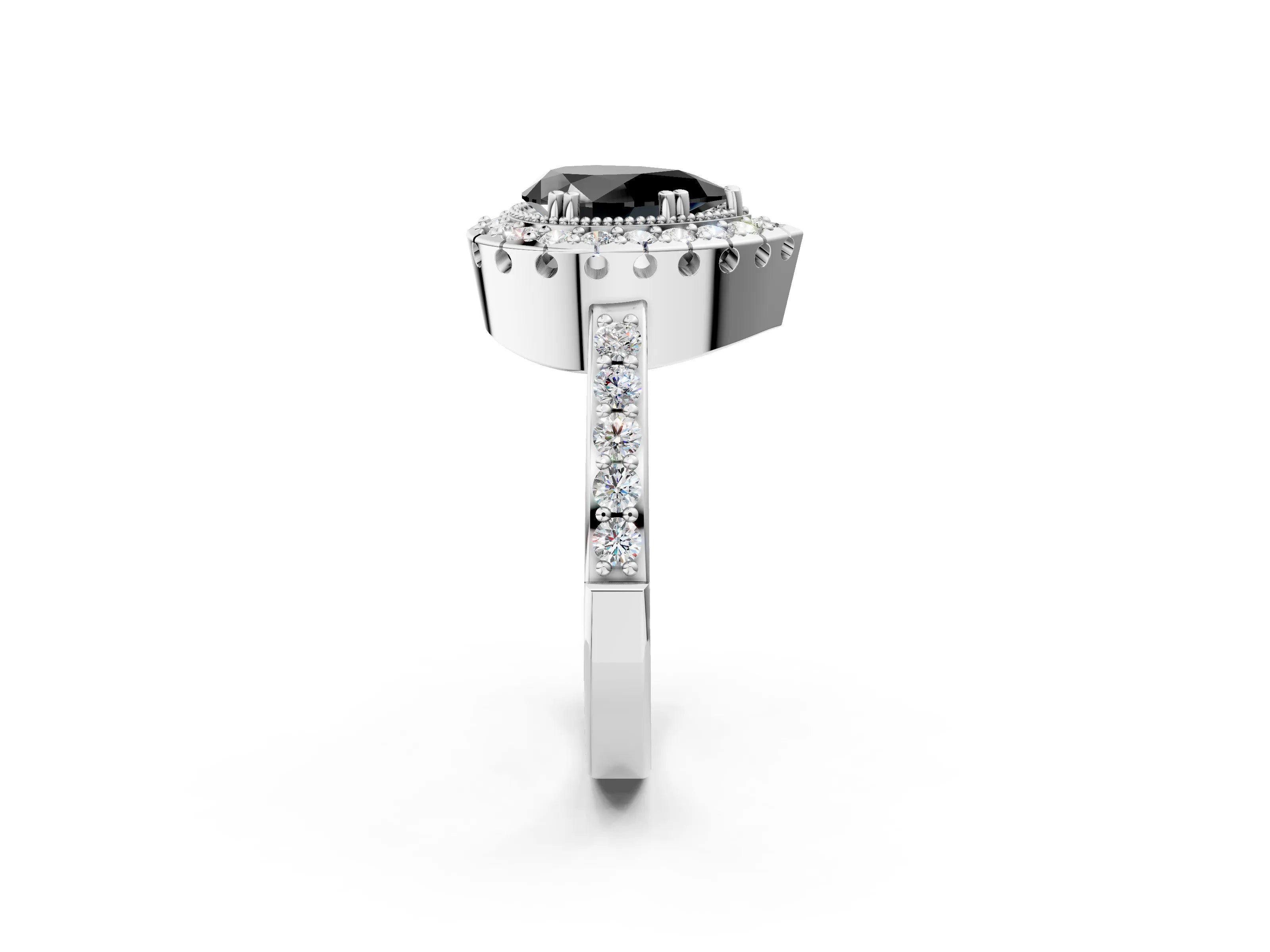 White gold Fancy Black Pear Cut Diamond Halo Ring with Pavé Band and Prong Setting_14