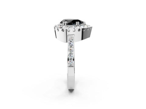 White gold Fancy Black Pear Cut Diamond Halo Ring with Pavé Band and Prong Setting_14