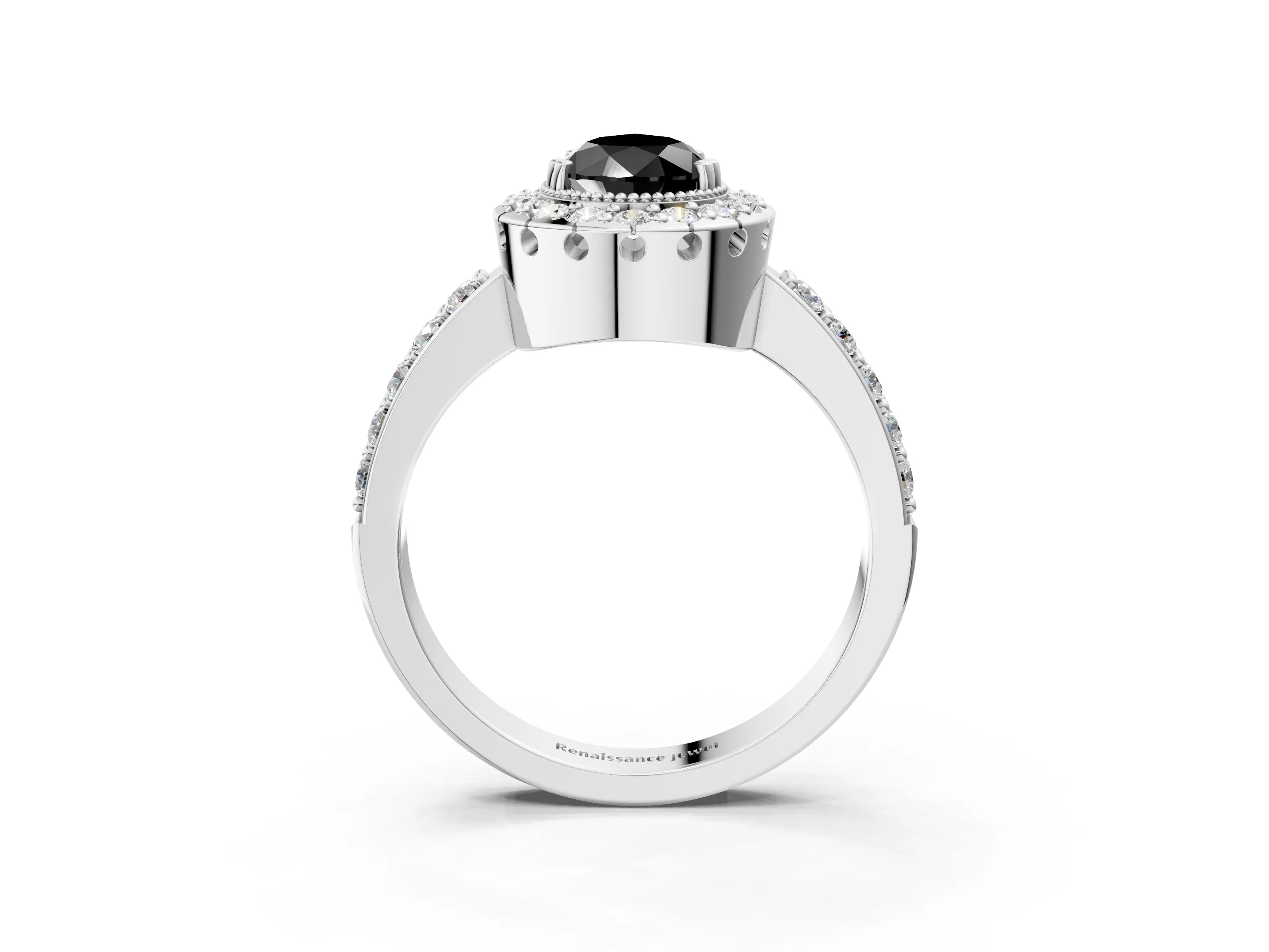White gold Fancy Black Pear Cut Diamond Halo Ring with Pavé Band and Prong Setting_15