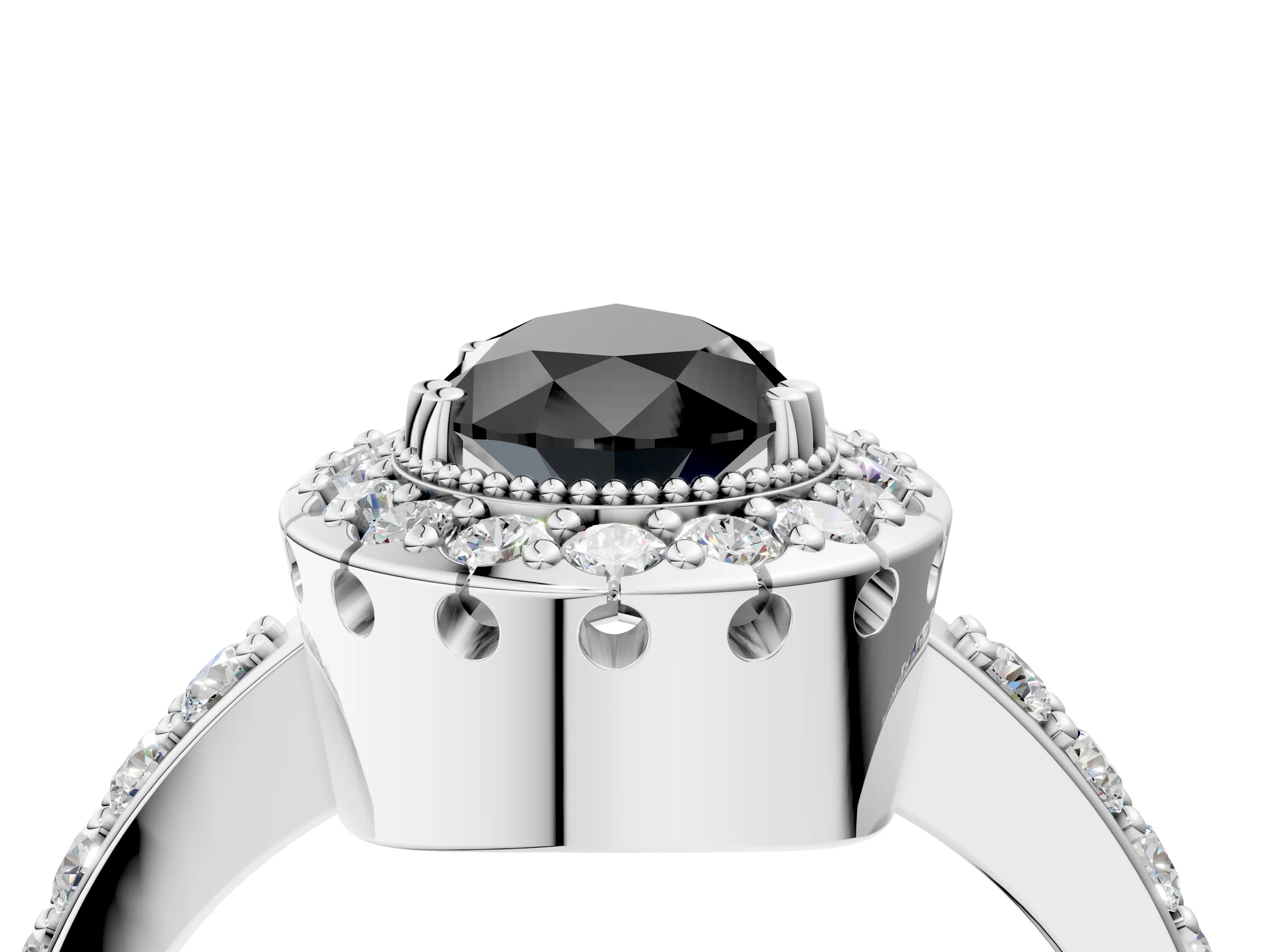 White gold Fancy Black Pear Cut Diamond Halo Ring with Pavé Band and Prong Setting_16