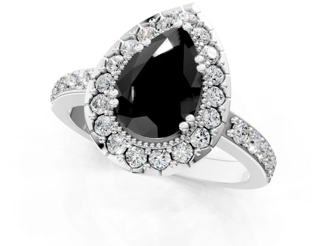 White gold Fancy Black Pear Cut Diamond Halo Ring with Pavé Band and Prong Setting_1