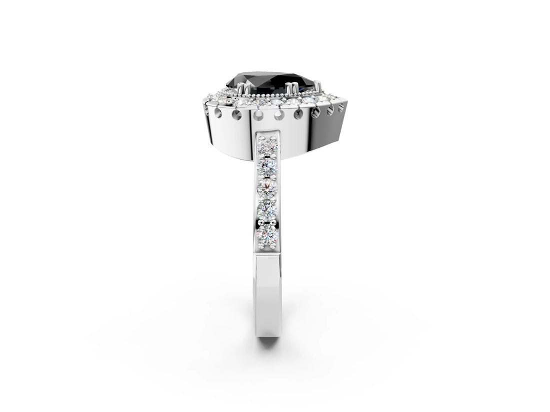 White gold Fancy Black Pear Cut Diamond Halo Ring with Pavé Band and Prong Setting_2