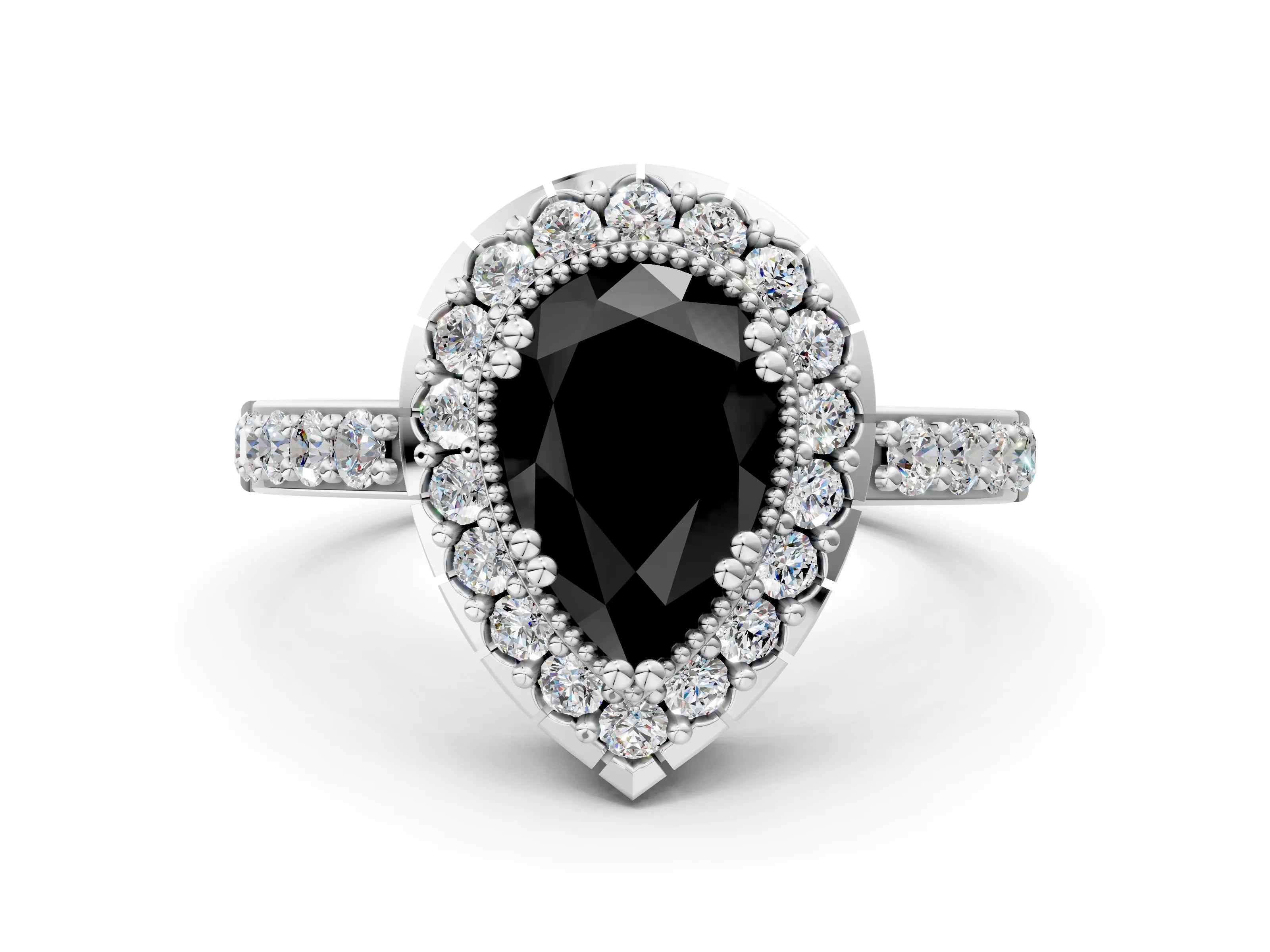 White gold Fancy Black Pear Cut Diamond Halo Ring with Pavé Band and Prong Setting