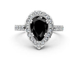 White gold Fancy Black Pear Cut Diamond Halo Ring with Pavé Band and Prong Setting