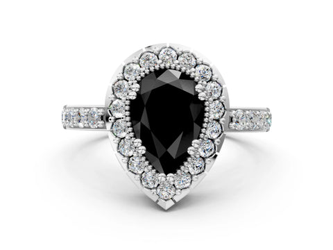 White gold Fancy Black Pear Cut Diamond Halo Ring with Pavé Band and Prong Setting