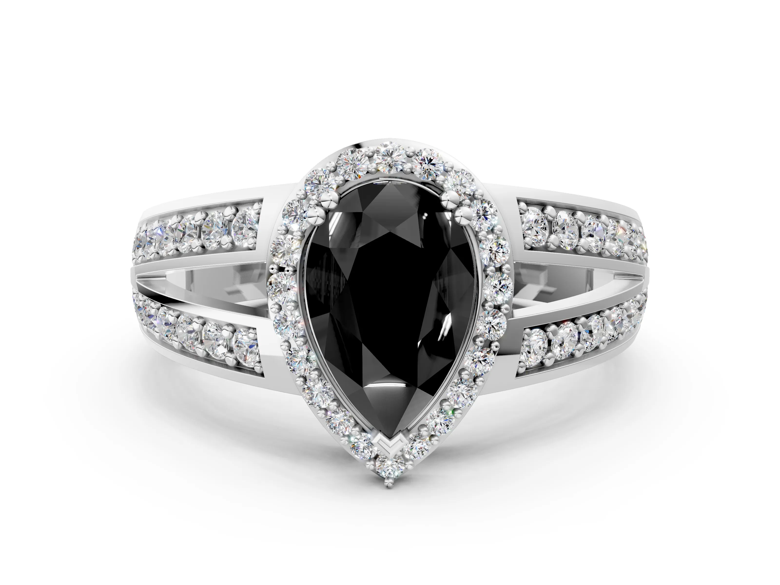 White gold Fancy Black Pear Cut Diamond Halo Ring with Split Shank Pavé Band and Four-Prong Setting_11