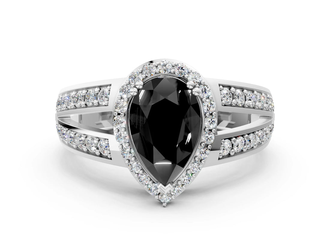 White gold Fancy Black Pear Cut Diamond Halo Ring with Split Shank Pavé Band and Four-Prong Setting_12