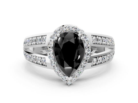 White gold Fancy Black Pear Cut Diamond Halo Ring with Split Shank Pavé Band and Four-Prong Setting_12
