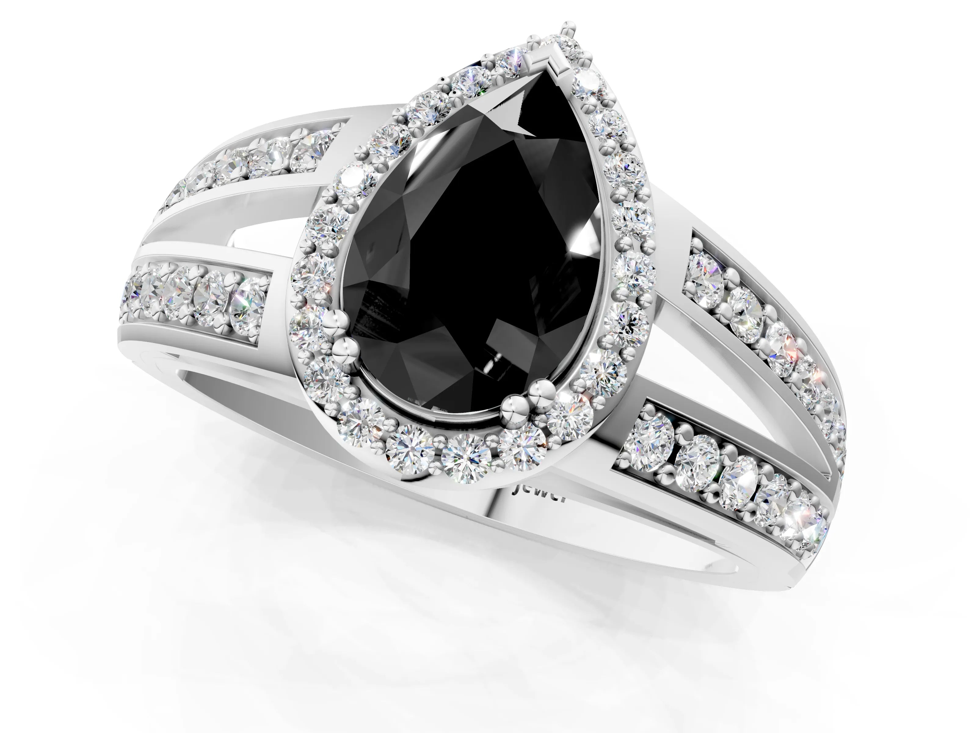 White gold Fancy Black Pear Cut Diamond Halo Ring with Split Shank Pavé Band and Four-Prong Setting_13