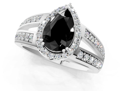White gold Fancy Black Pear Cut Diamond Halo Ring with Split Shank Pavé Band and Four-Prong Setting_13