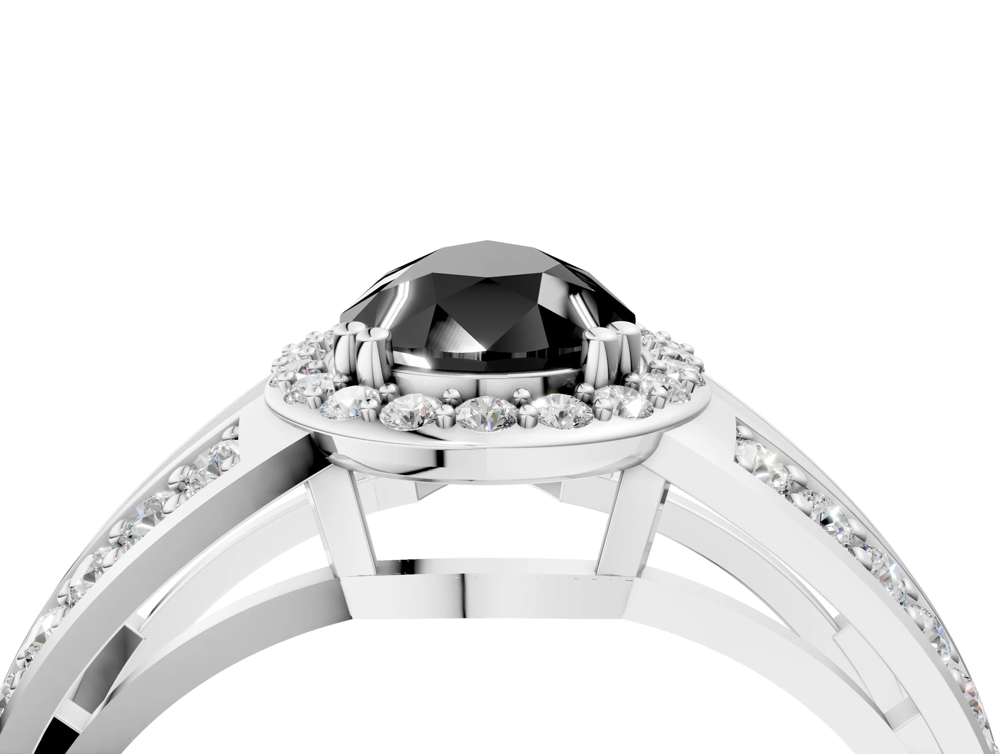 White gold Fancy Black Pear Cut Diamond Halo Ring with Split Shank Pavé Band and Four-Prong Setting_16