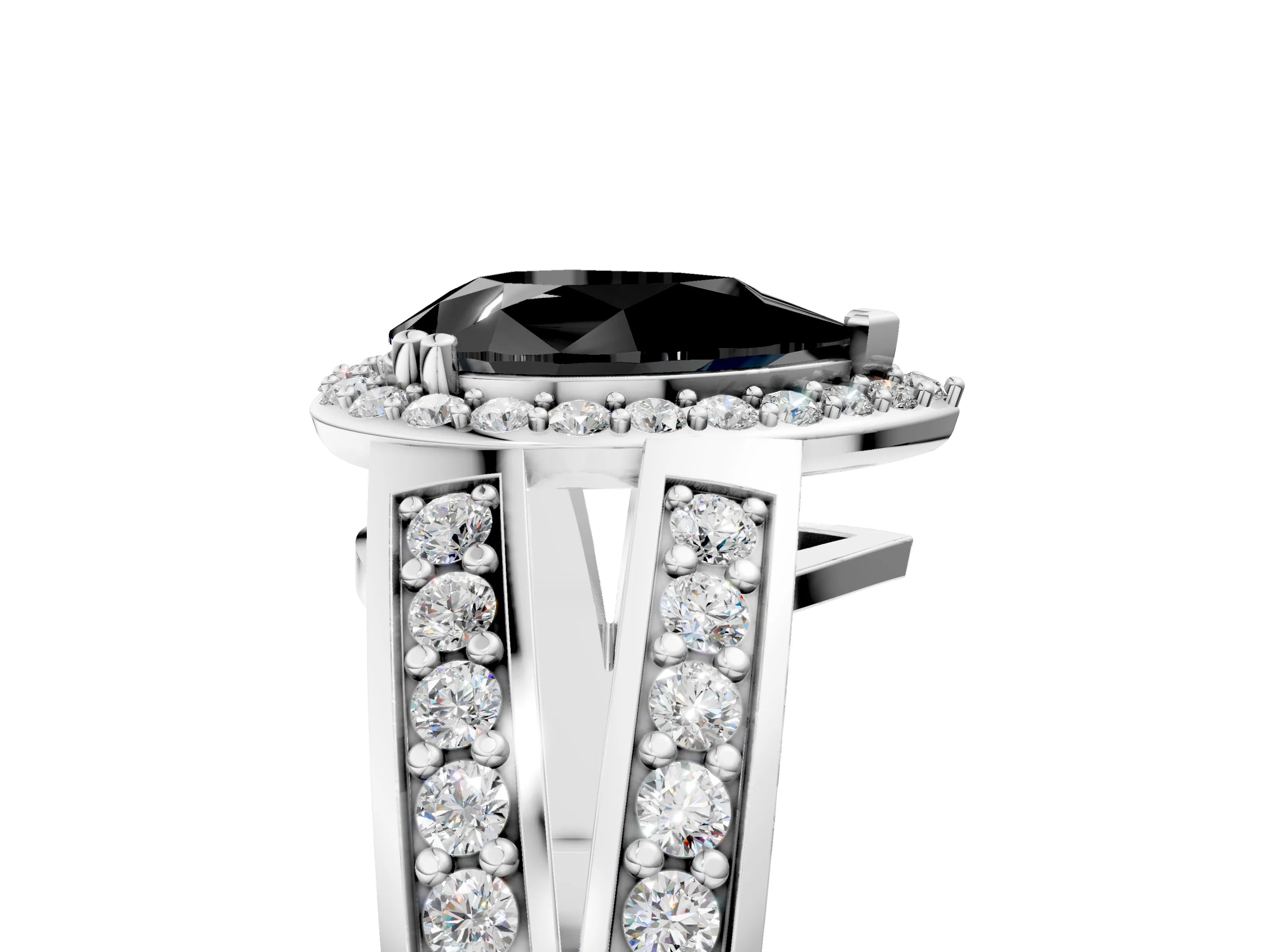 White gold Fancy Black Pear Cut Diamond Halo Ring with Split Shank Pavé Band and Four-Prong Setting_17