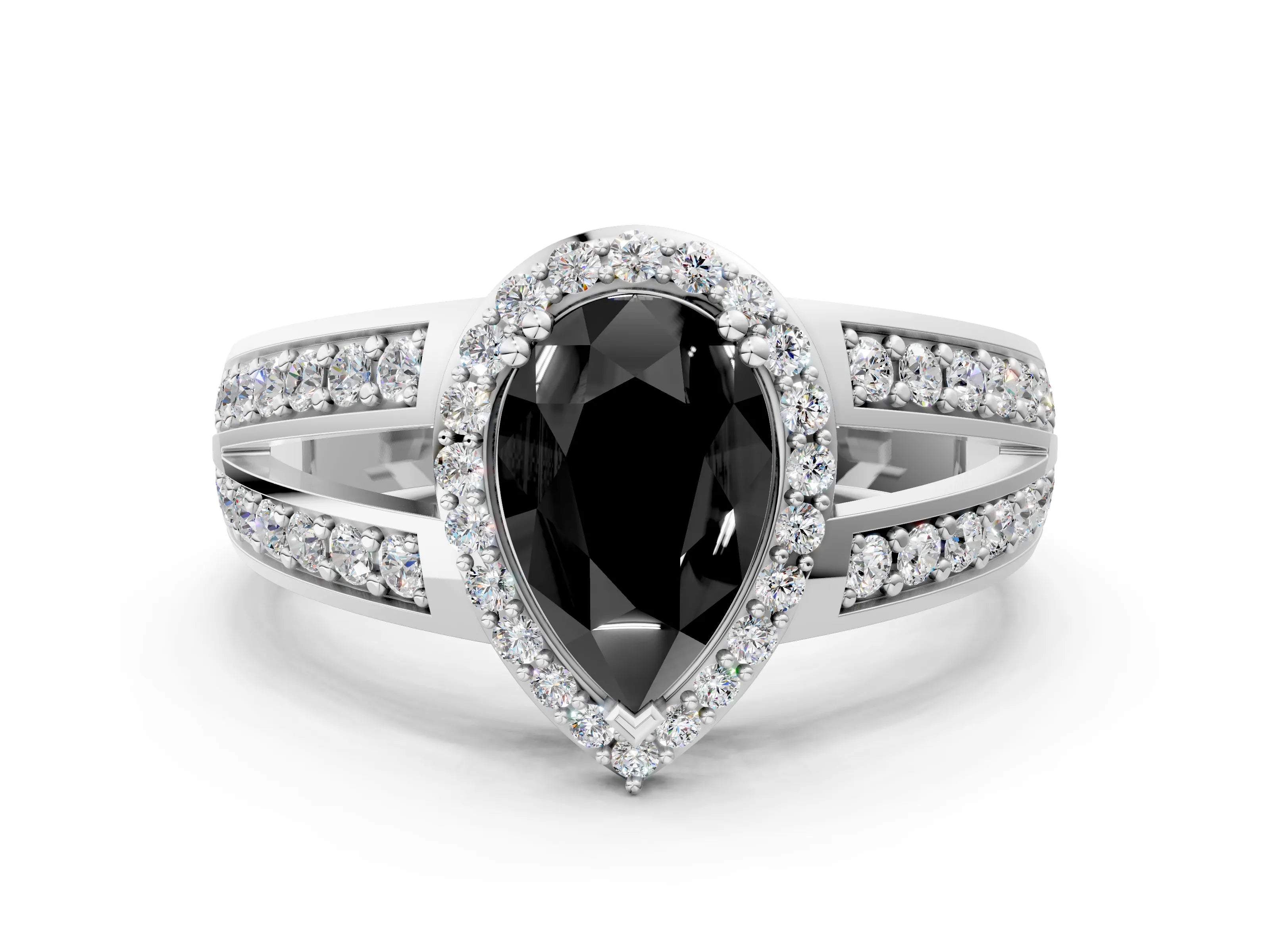 White gold Fancy Black Pear Cut Diamond Halo Ring with Split Shank Pavé Band and Four-Prong Setting_35