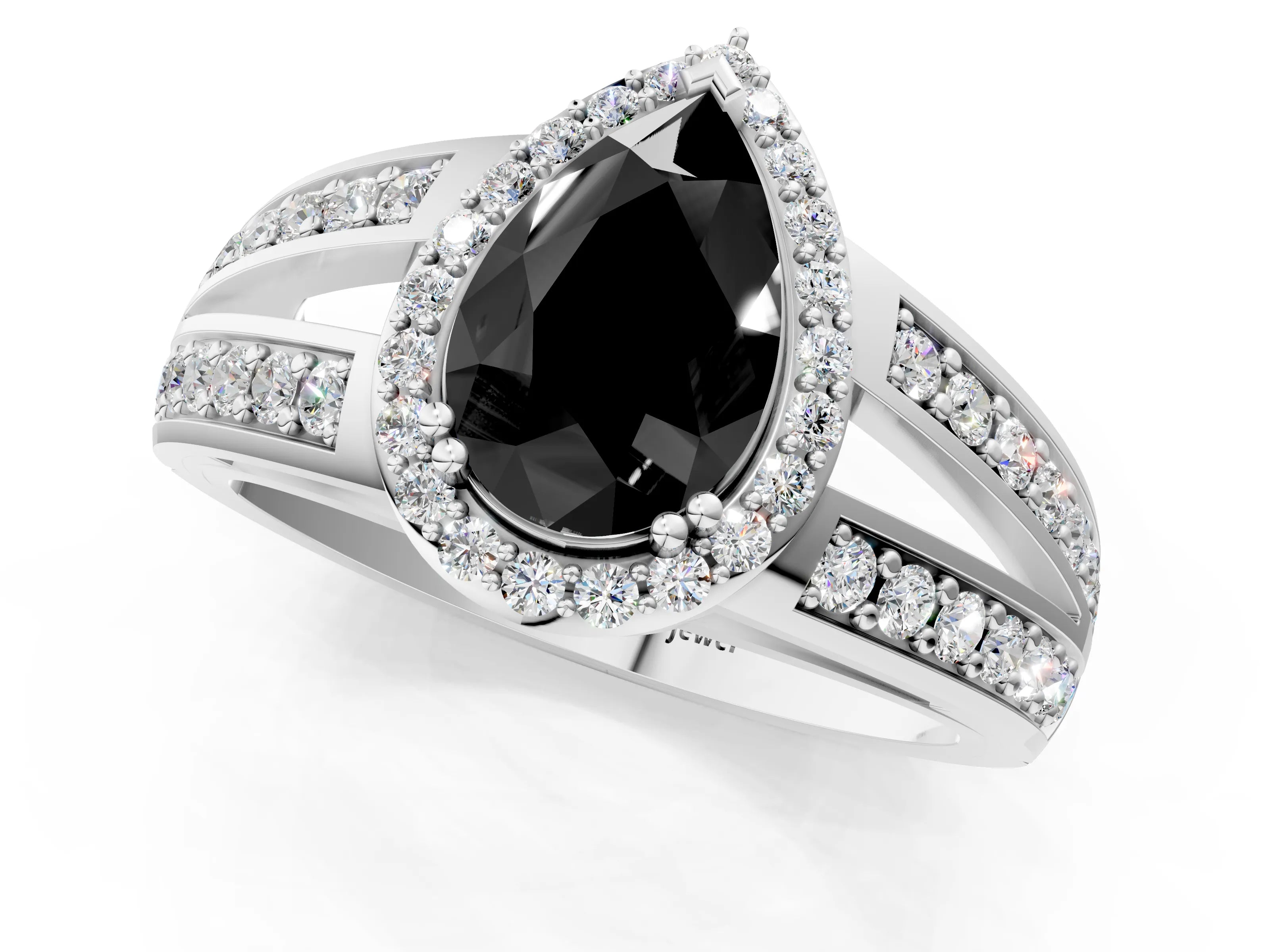 White gold Fancy Black Pear Cut Diamond Halo Ring with Split Shank Pavé Band and Four-Prong Setting_37