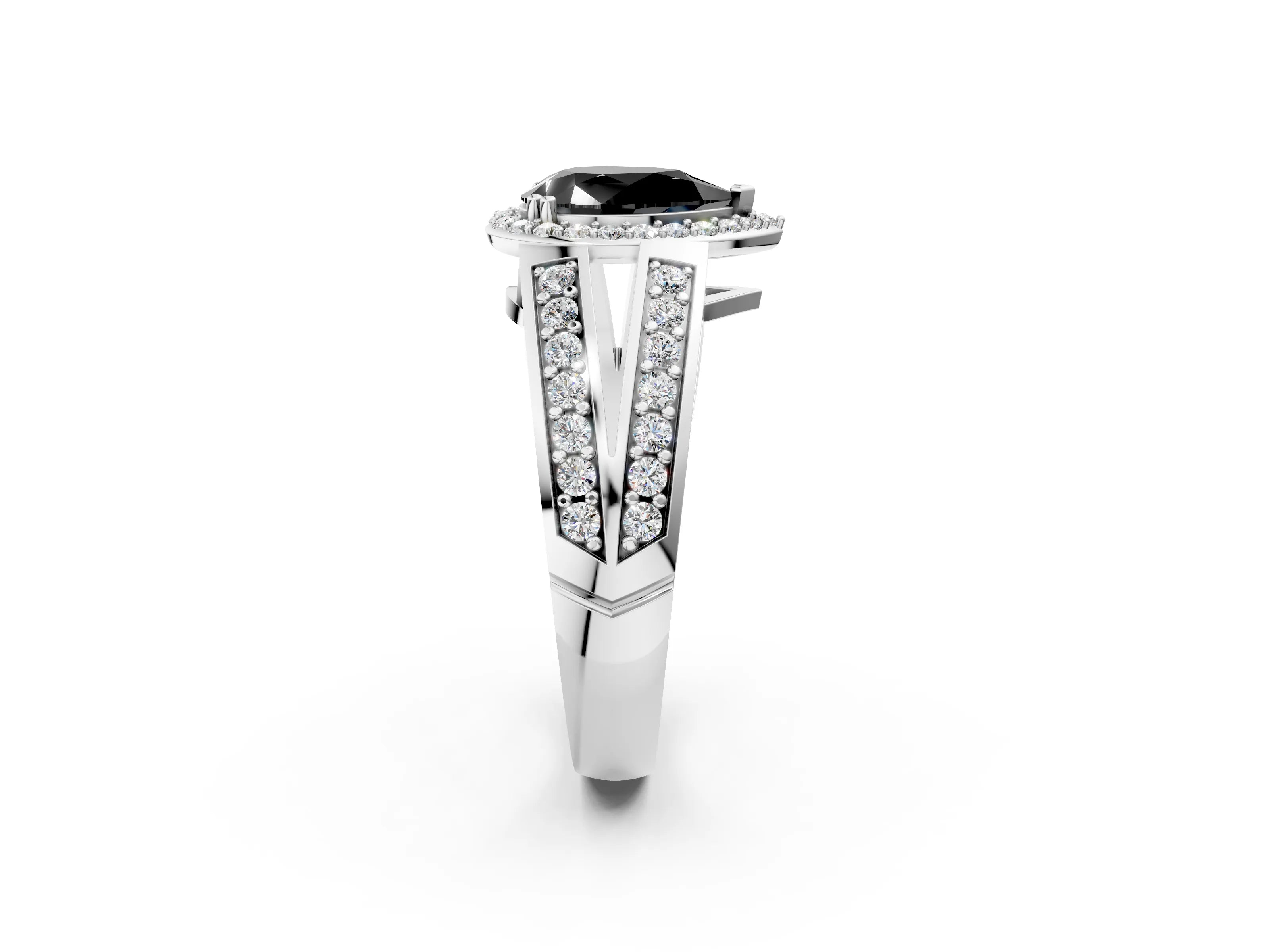 White gold Fancy Black Pear Cut Diamond Halo Ring with Split Shank Pavé Band and Four-Prong Setting_38