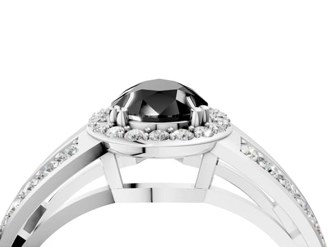 White gold Fancy Black Pear Cut Diamond Halo Ring with Split Shank Pavé Band and Four-Prong Setting_4