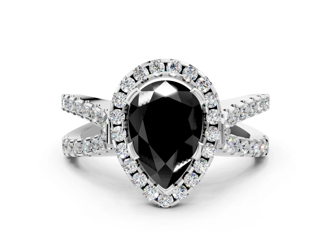 White gold Fancy Black Pear Cut Diamond Halo Ring with Split Shank Pavé Band and Prong Setting_12
