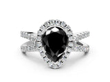 White gold Fancy Black Pear Cut Diamond Halo Ring with Split Shank Pavé Band and Prong Setting_12